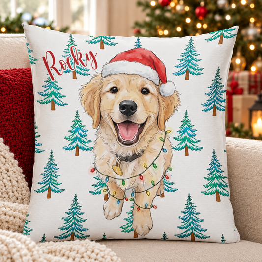 Personalized Christmas Pet Pillow, Custom Dog Cat Photo Watercolor Art, Cute Pet Lover Gift, Xmas Winter Home Decor