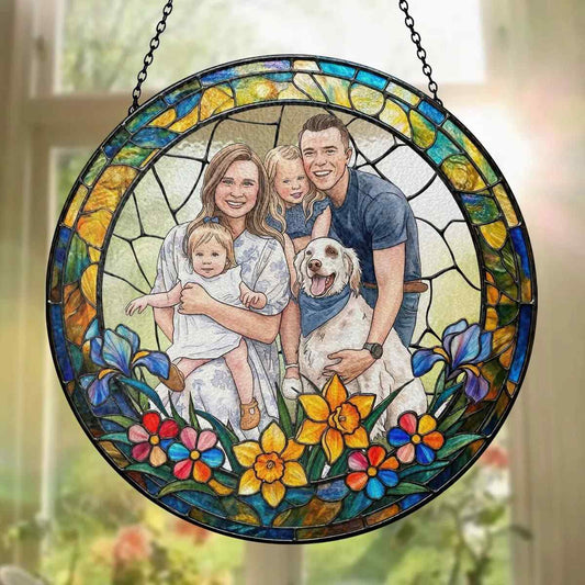 Custom family portrait stained glass suncatcher personalized photo hanging art decor for sunny windows