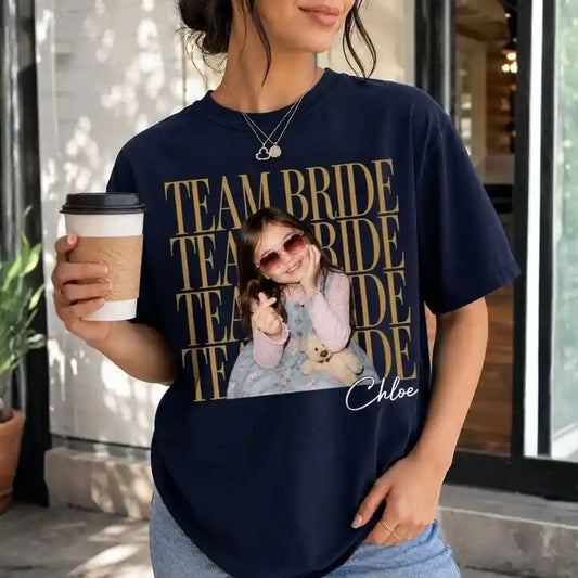 Custom Team Bride Comfort Tee with Personalized Childhood Photo, Bachelorette Party Shirt, Bride Squad Gift, Funny Bridesmaid Keepsake