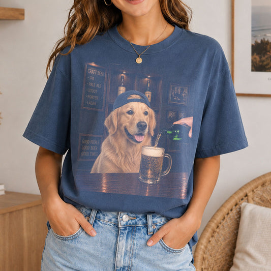 Custom Dog Beer Comfort Tee, Personalized Pet Photo Bar Shirt, Funny Dog Drinking Beer Graphic Tee, Custom Pet Portrait Gift for Dog Mom Dad