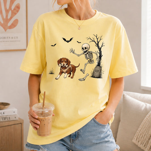 Personalized Halloween Dog Comfort Tee, Custom Any Dog Breed Shirt, Funny Skeleton Dog Tee, Spooky Dog Lover Gift for Men Women, Pet Owner Shirt