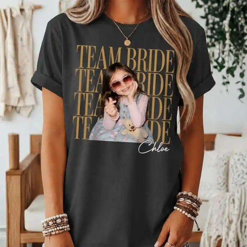 Custom Team Bride Comfort Tee with Personalized Childhood Photo, Bachelorette Party Shirt, Bride Squad Gift, Funny Bridesmaid Keepsake