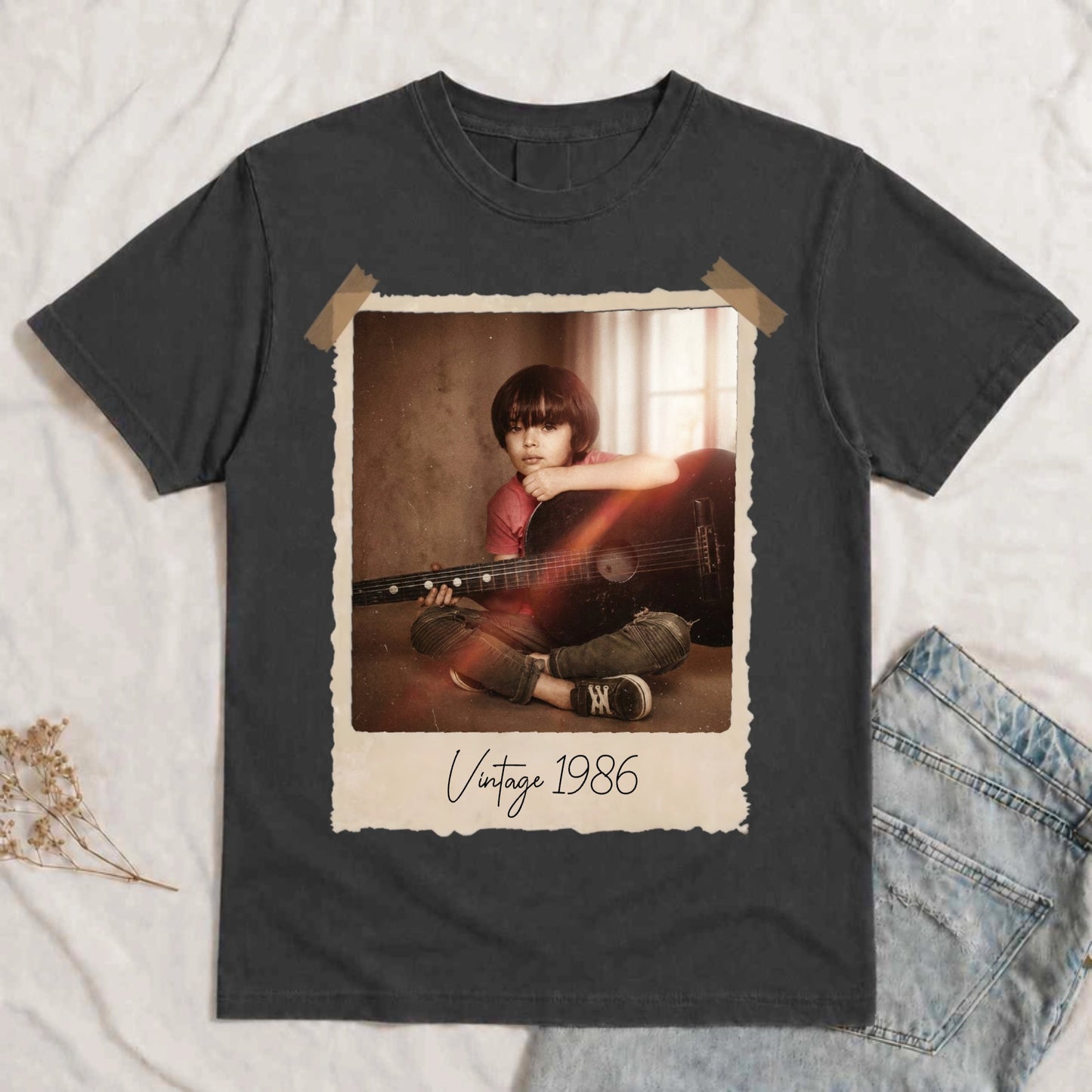 Customized vintage photo memory comfort tee with your personalized text and classic polaroid design