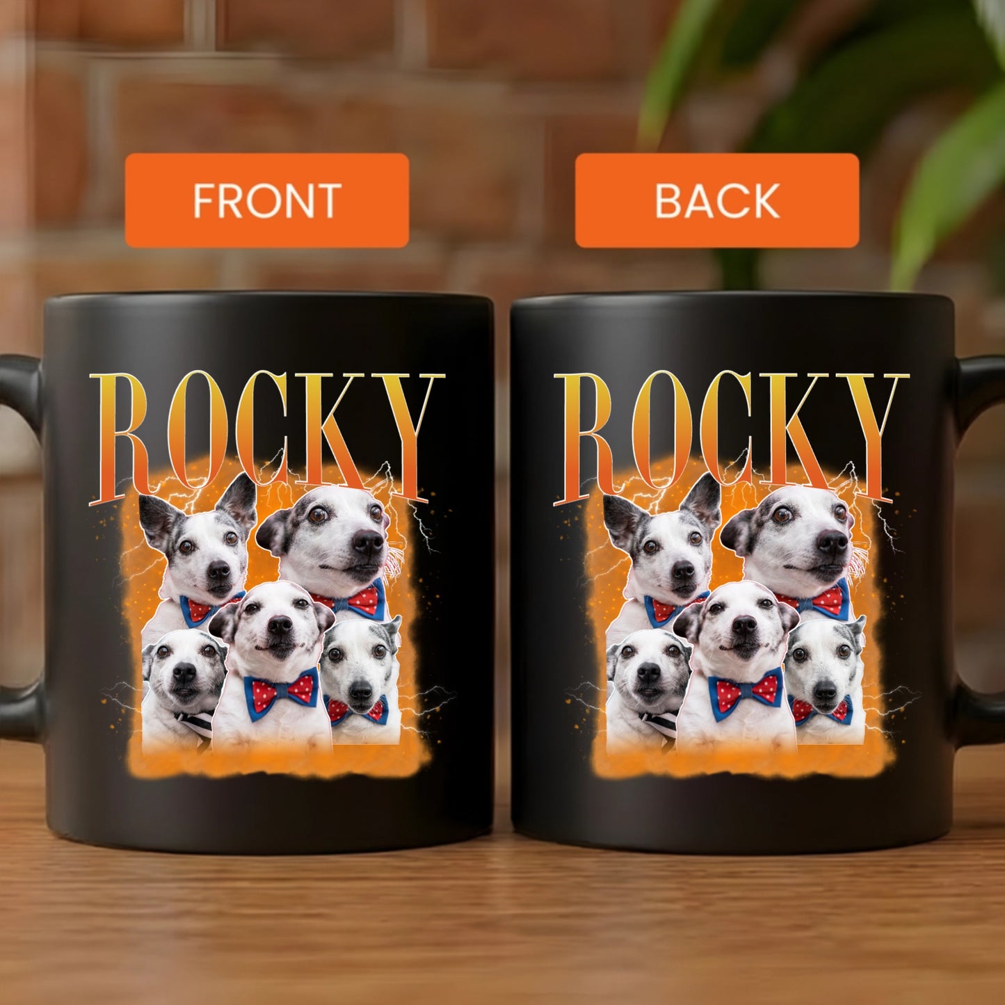 Personalized bootleg vintage 90s style graphic pet photo custom black ceramic mug