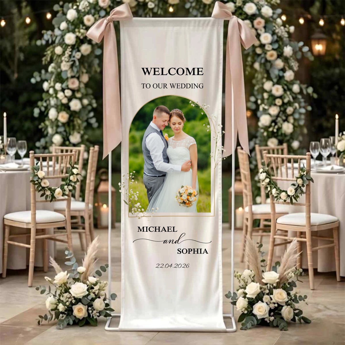 Personalized Linen Wedding Welcome Sign, Custom Photo Banner, Beach Entrance