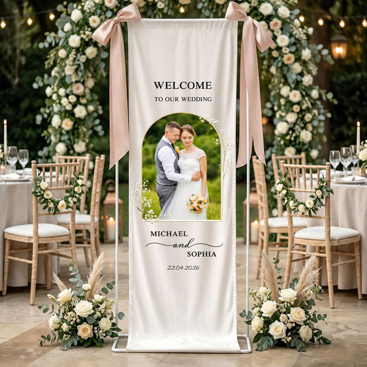 Personalized Linen Wedding Welcome Sign, Custom Photo Banner, Beach Entrance
