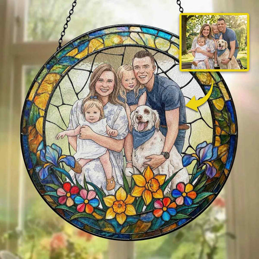 Custom family portrait stained glass suncatcher personalized photo hanging art decor for sunny windows