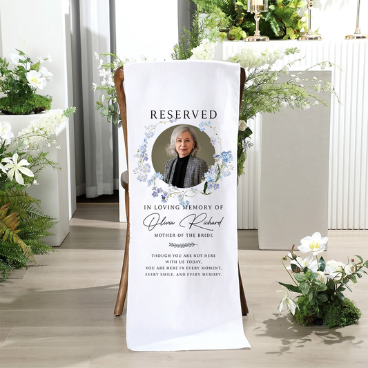 Personalized memorial wedding chair sign with custom photo and text for loved ones