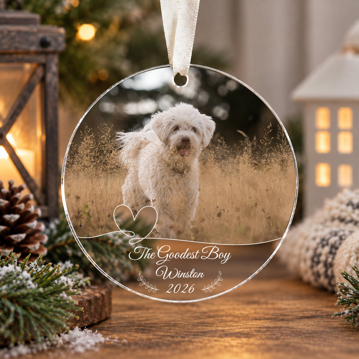Personalized Dog Photo Crystal Ornament, 2 Sides Printed Custom Pet Glass Christmas Ornament, Dog Name Keepsake, Pet Lover Gift