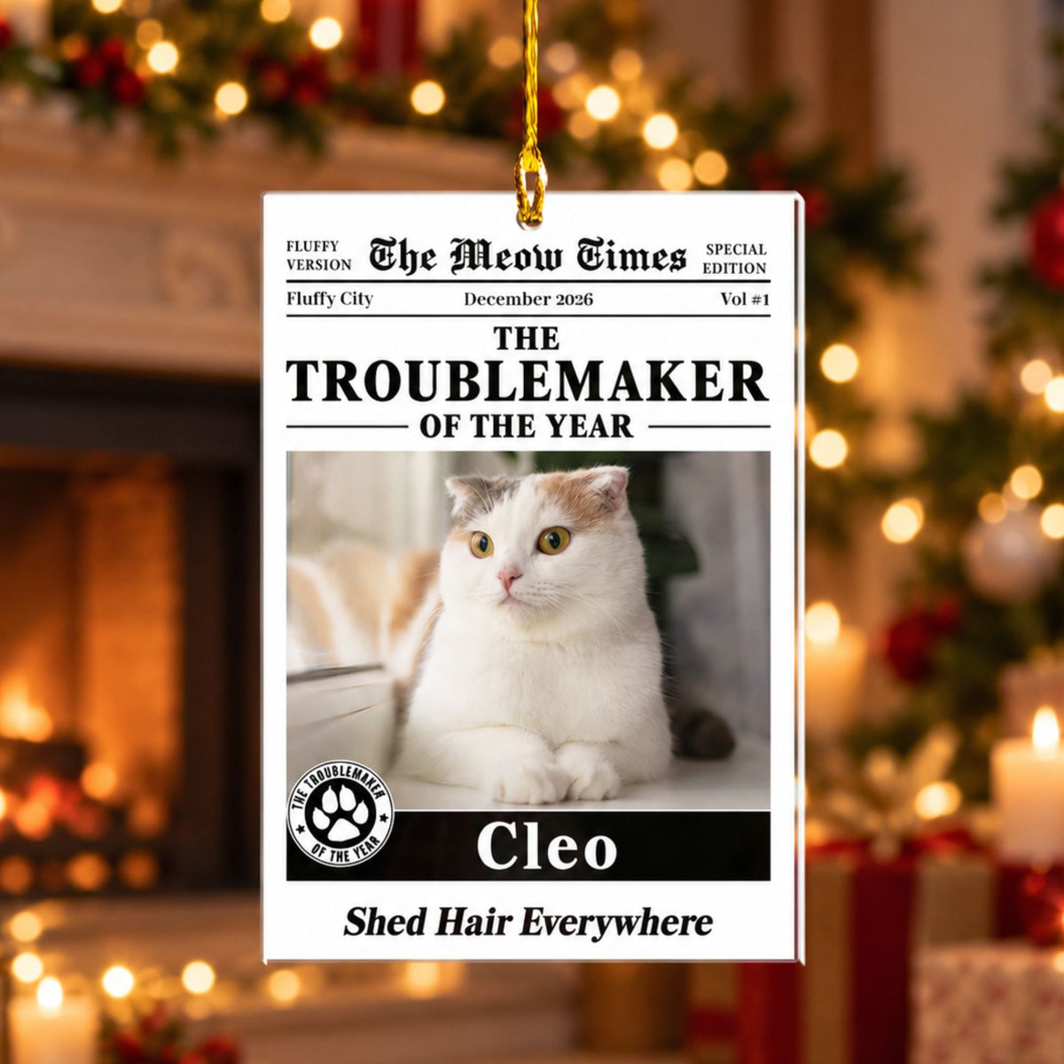 Personalized Pet Newspaper Photo Ornament – Custom Dog & Cat Troublemaker of the Year Christmas Gift