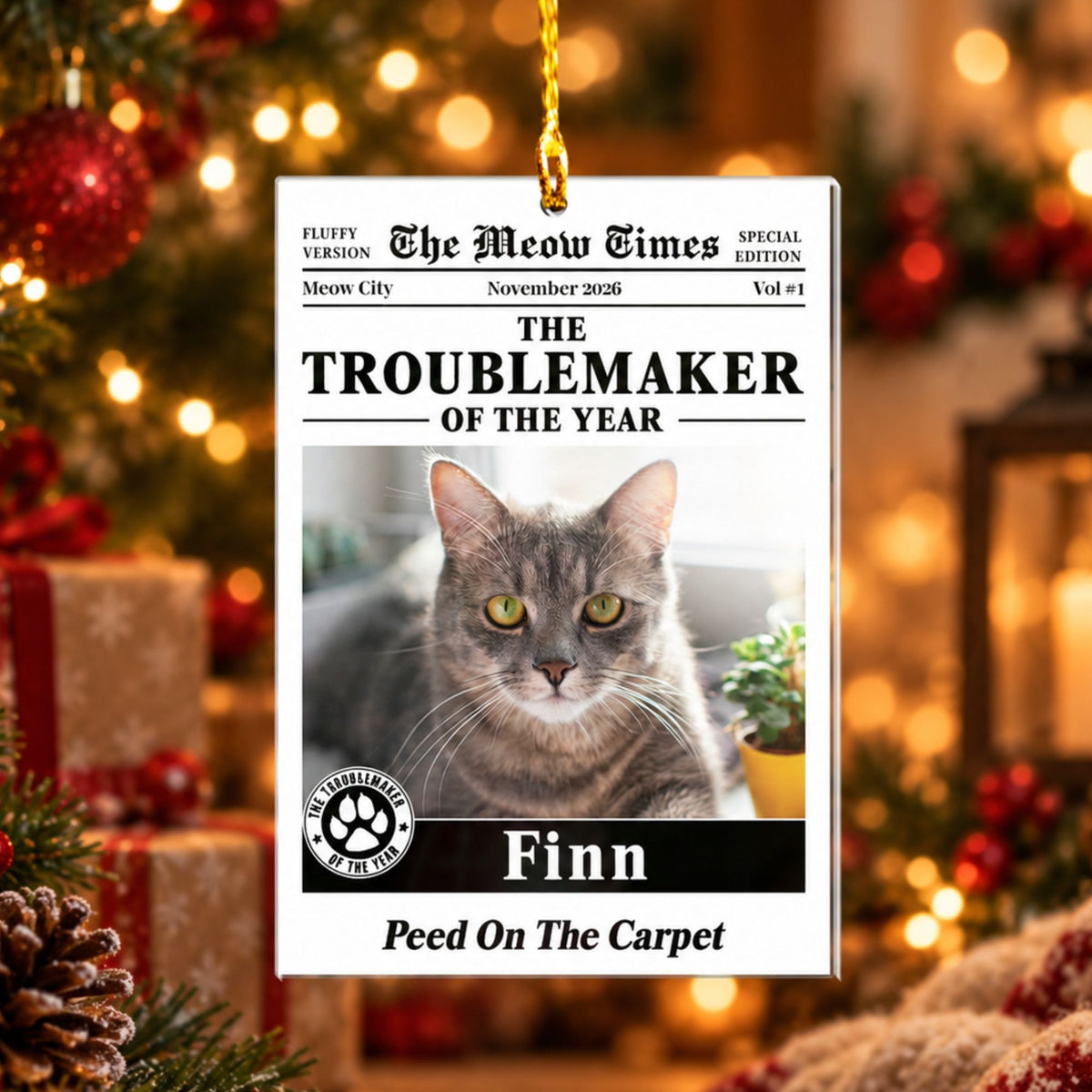 Personalized Pet Newspaper Photo Ornament – Custom Dog & Cat Troublemaker of the Year Christmas Gift