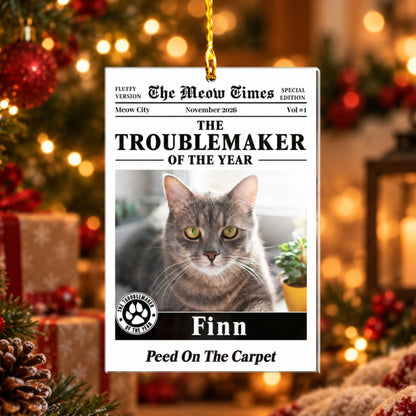 Personalized Pet Newspaper Photo Ornament – Custom Dog & Cat Troublemaker of the Year Christmas Gift