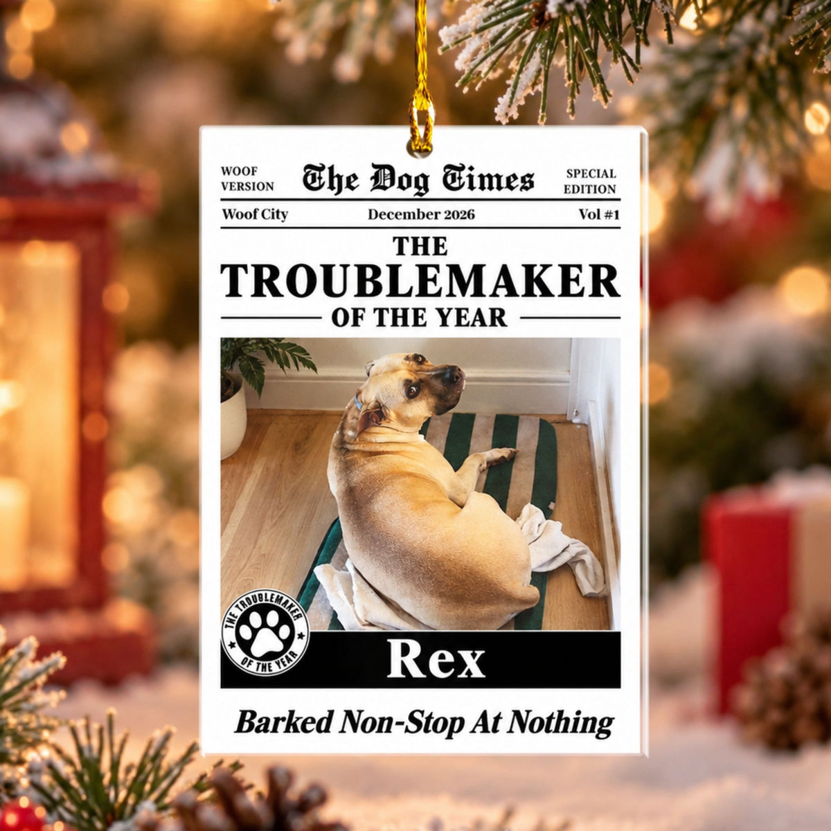 Personalized Pet Newspaper Photo Ornament – Custom Dog & Cat Troublemaker of the Year Christmas Gift