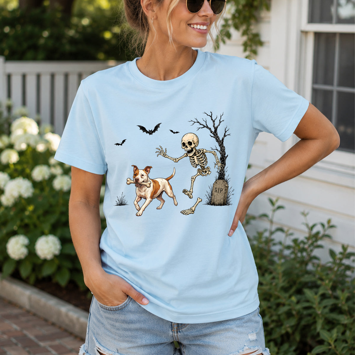 Personalized Halloween Dog Comfort Tee, Custom Any Dog Breed Shirt, Funny Skeleton Dog Tee, Spooky Dog Lover Gift for Men Women, Pet Owner Shirt
