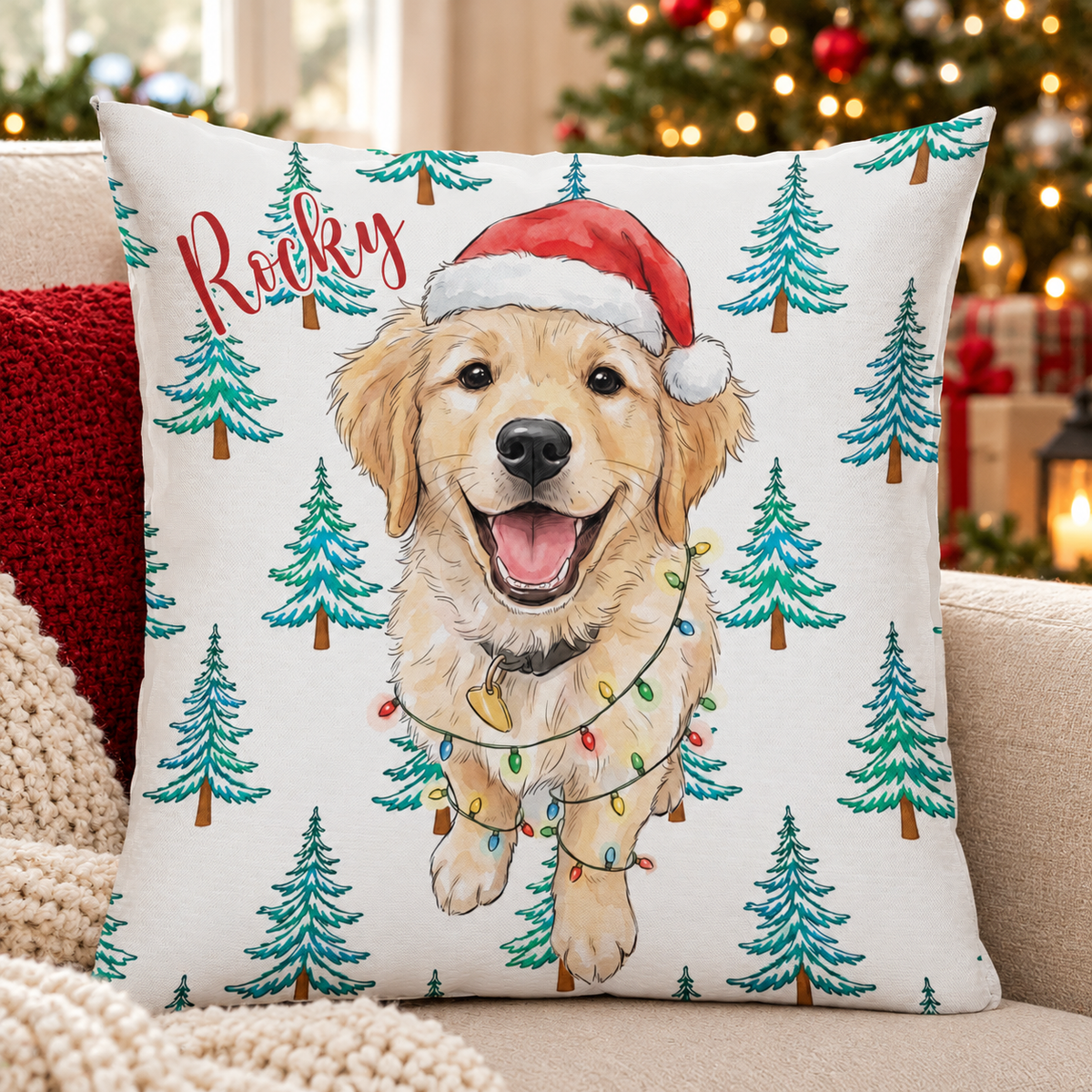 Personalized Christmas Pet Pillow, Custom Dog Cat Photo Watercolor Art, Cute Pet Lover Gift, Xmas Winter Home Decor