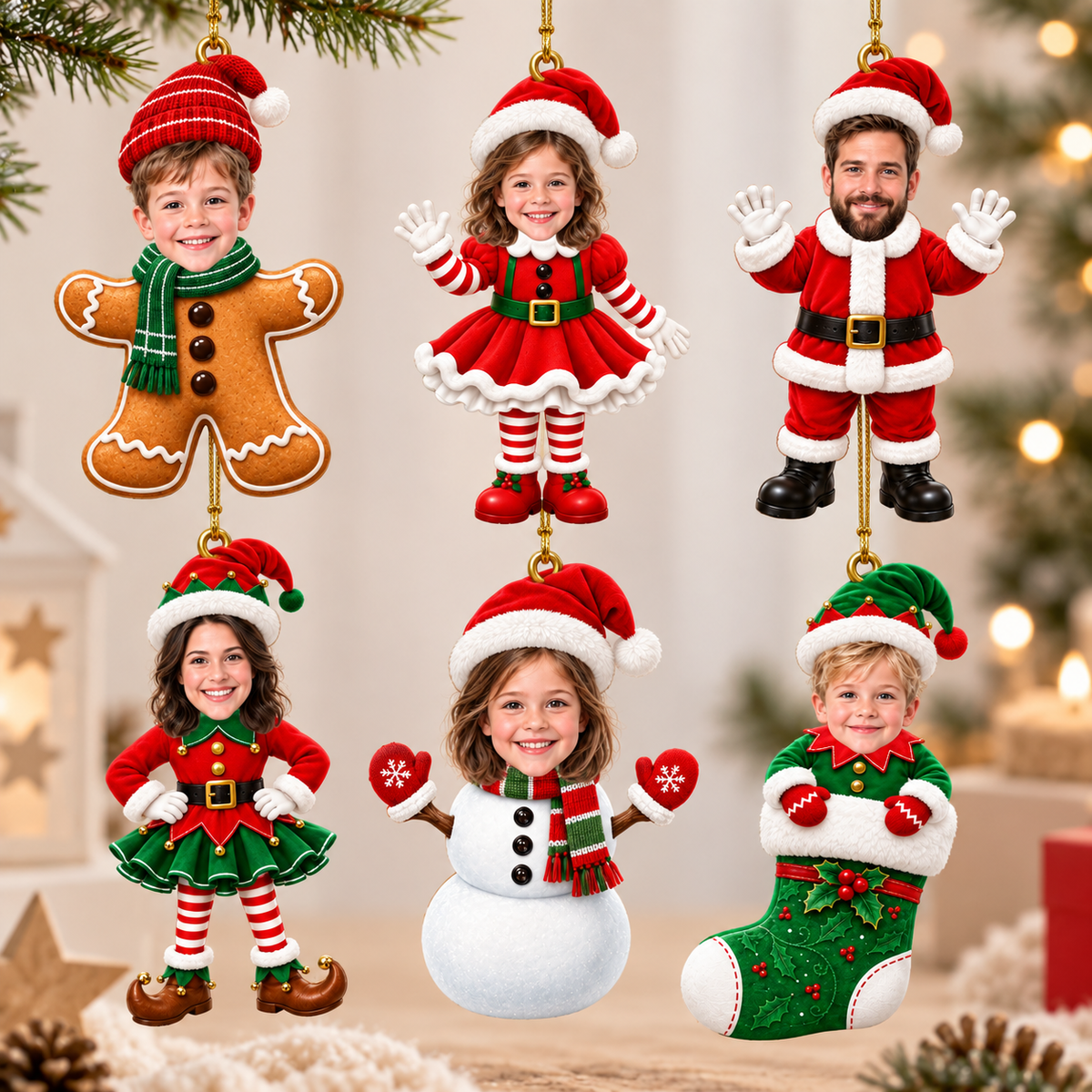 Personalized Photo Christmas Ornament, Custom Face Christmas Character Ornament, Santa Elf Snowman Gingerbread Xmas Tree Decor