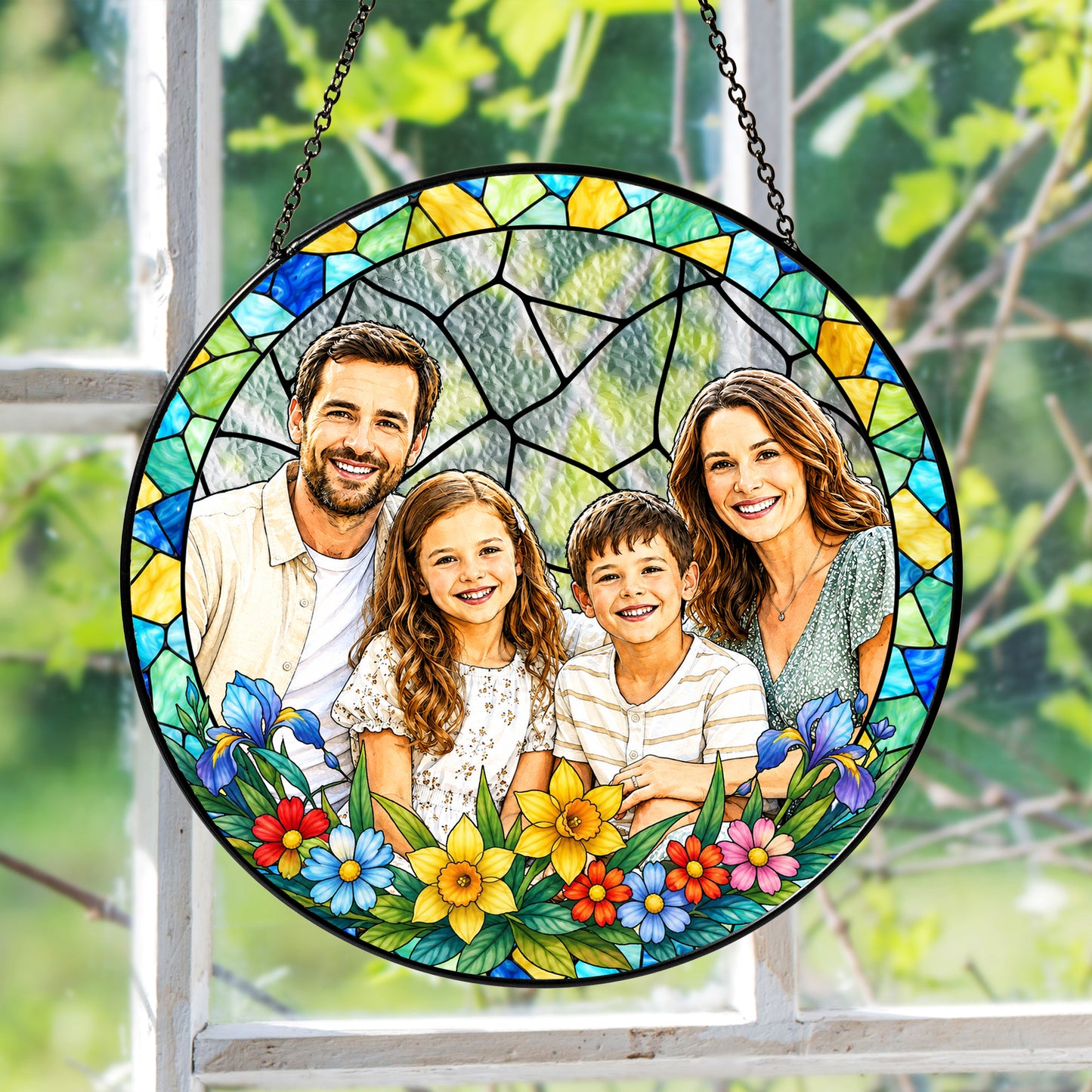 Custom family portrait stained glass suncatcher personalized photo hanging art decor for sunny windows