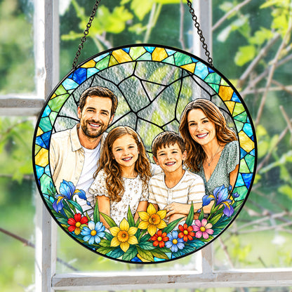 Custom family portrait stained glass suncatcher personalized photo hanging art decor for sunny windows