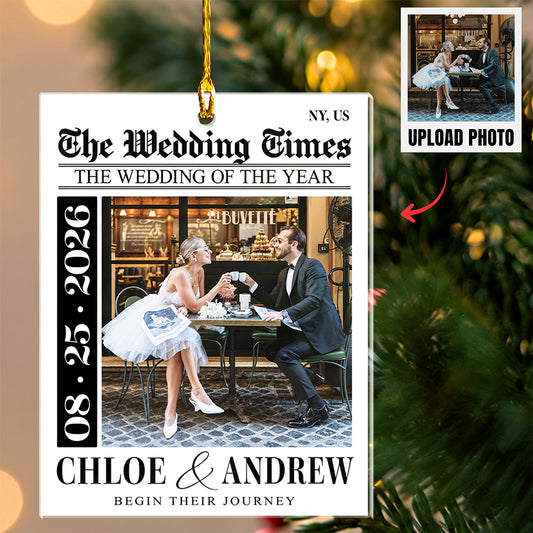 Personalized Wedding Newspaper Photo Ornament – Custom First Christmas Married Gift for Couples
