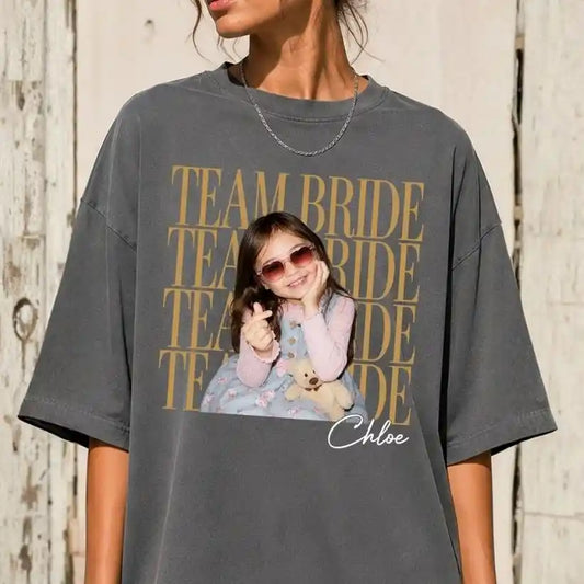 Custom Team Bride Comfort Tee with Personalized Childhood Photo, Bachelorette Party Shirt, Bride Squad Gift, Funny Bridesmaid Keepsake