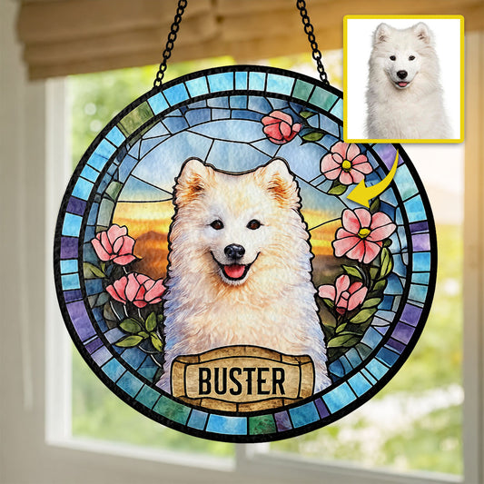 Personalized Dog Portrait Stained Glass Suncatcher, Custom Pet Memorial Stained Glass Photo Suncatcher, Dog Loss Keepsake, Pet Loss Gift