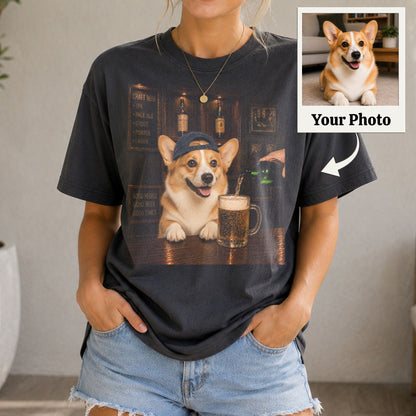 Custom Dog Beer Shirt, Personalized Pet Photo Bar T-Shirt, Funny Dog Drinking Beer Graphic Tee, Custom Pet Portrait Gift for Dog Mom Dad