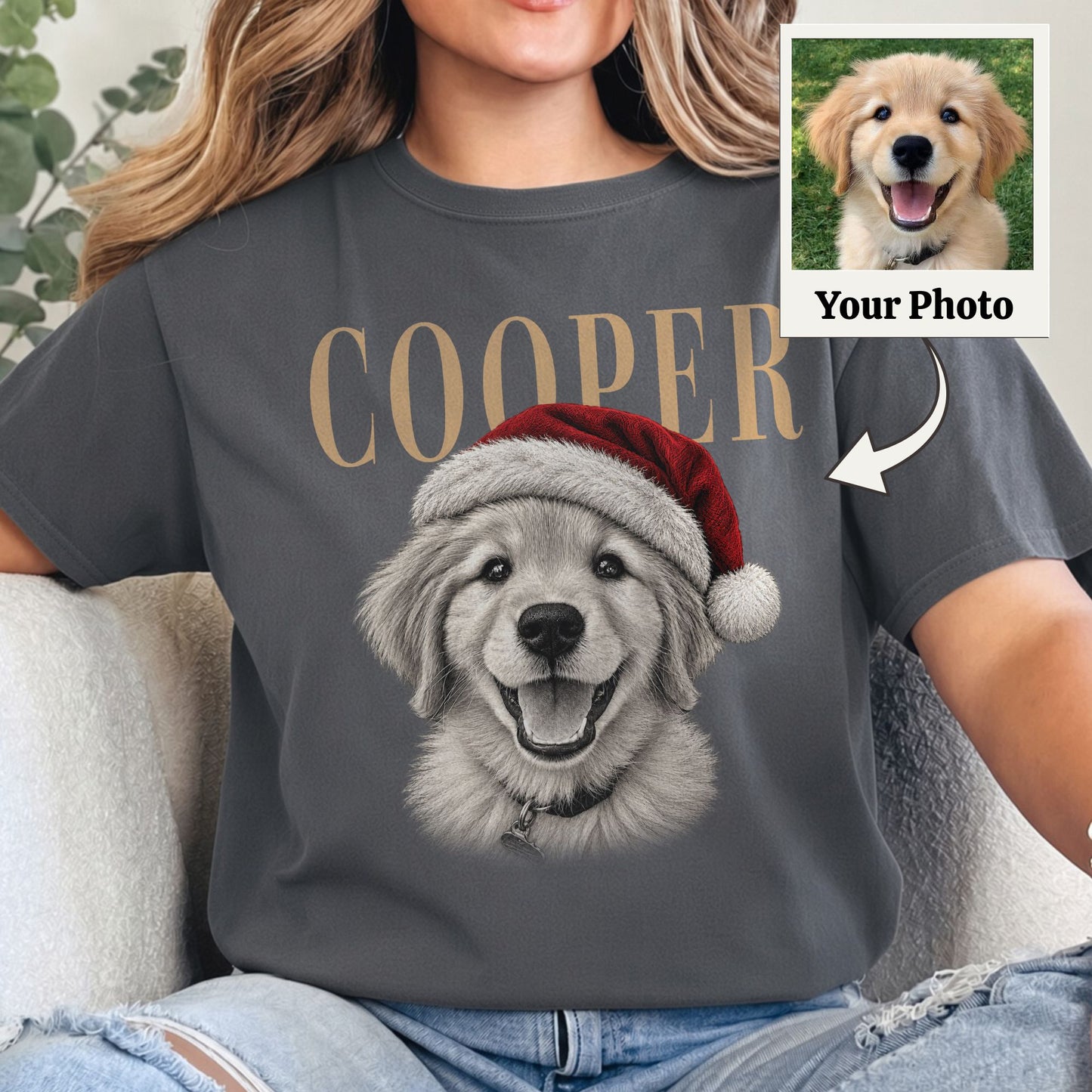 Custom Pet Photo Christmas Shirt, Personalized Pet Name & Portrait Comfort Tee, Vintage Dog Shirt, Dog Mom Christmas Gift, Pet Lover Gift