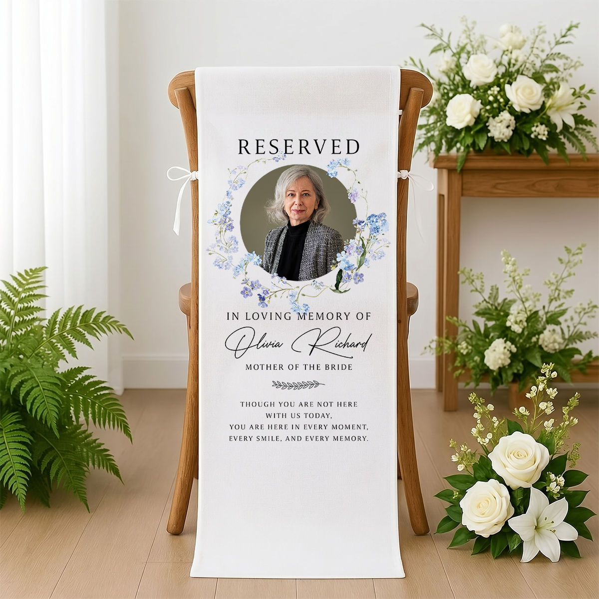 Personalized memorial wedding chair sign with custom photo and text for loved ones