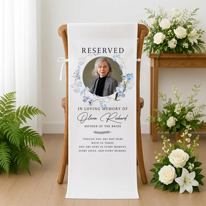 Personalized memorial wedding chair sign with custom photo and text for loved ones