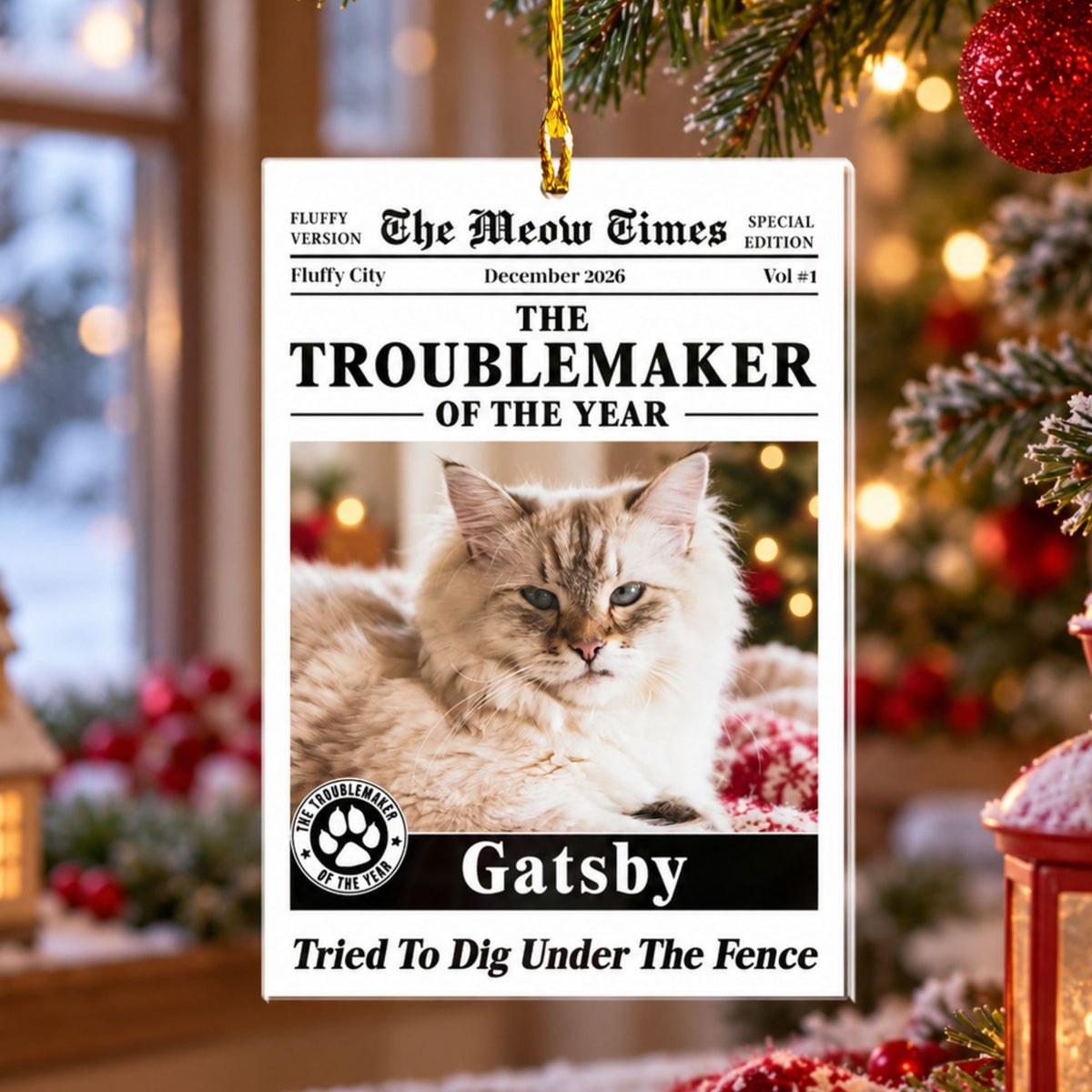 Personalized Pet Newspaper Photo Ornament – Custom Dog & Cat Troublemaker of the Year Christmas Gift
