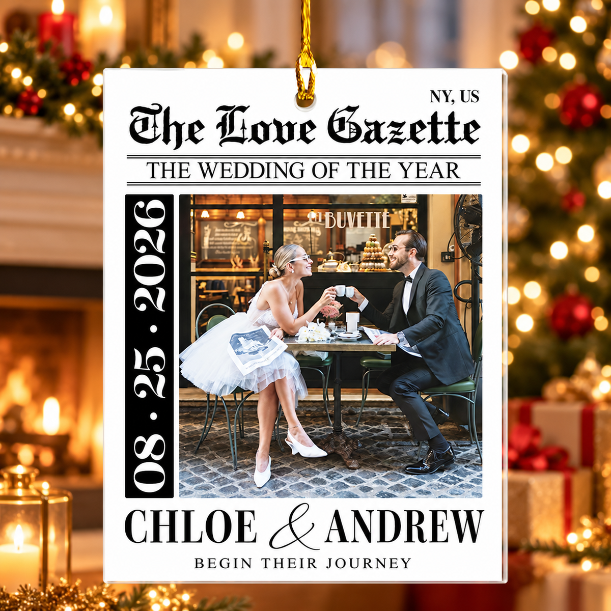 Personalized Wedding Newspaper Photo Ornament – Custom First Christmas Married Gift for Couples