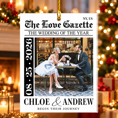 Personalized Wedding Newspaper Photo Ornament – Custom First Christmas Married Gift for Couples