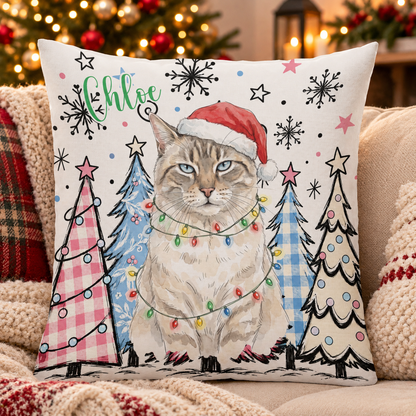 Personalized Christmas Pet Pillow, Custom Dog Cat Photo Watercolor Art, Cute Pet Lover Gift, Xmas Winter Home Decor