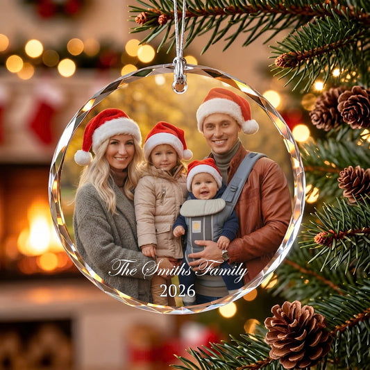 Personalized Family Photo Crystal Ornament, Custom Glass Christmas Ornament, Family Name Ornament, Christmas Keepsake, Family Gift 2026