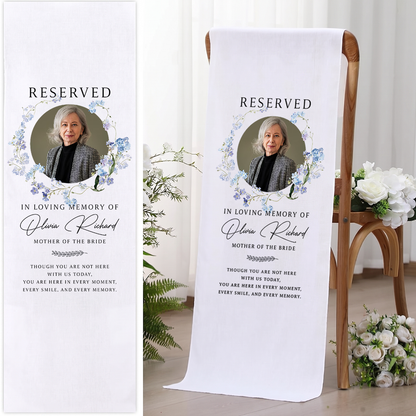 Personalized memorial wedding chair sign with custom photo and text for loved ones