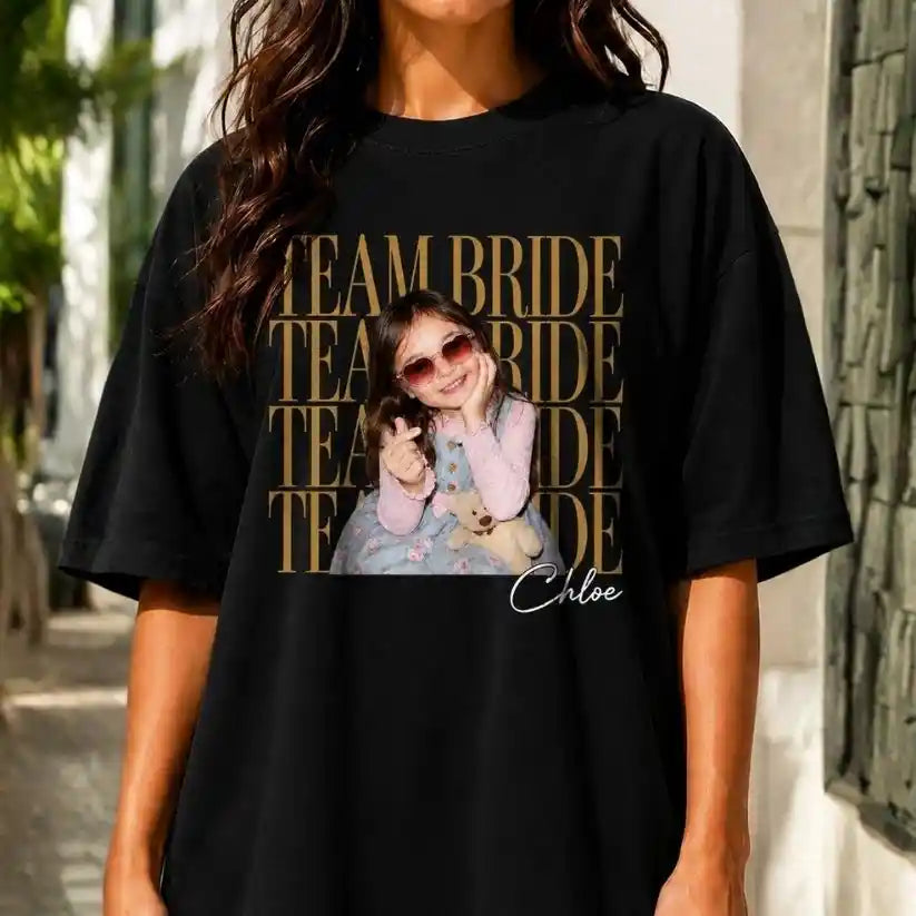 Custom Team Bride Comfort Tee with Personalized Childhood Photo, Bachelorette Party Shirt, Bride Squad Gift, Funny Bridesmaid Keepsake