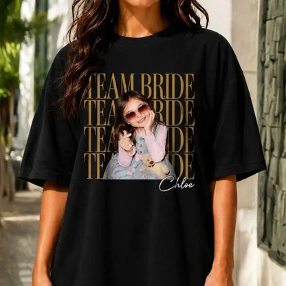 Custom Team Bride Comfort Tee with Personalized Childhood Photo, Bachelorette Party Shirt, Bride Squad Gift, Funny Bridesmaid Keepsake