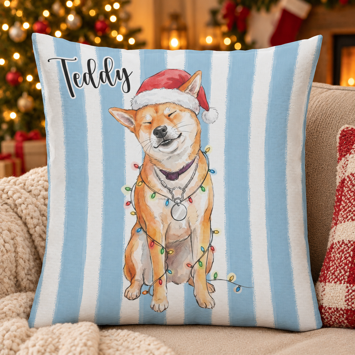 Personalized Christmas Pet Pillow, Custom Dog Cat Photo Watercolor Art, Cute Pet Lover Gift, Xmas Winter Home Decor