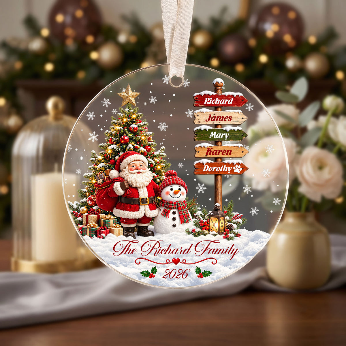 Personalized Family Christmas Ornament 2026 – Custom Names Santa & Snowman Christmas Tree Decoration, Family Keepsake Gift