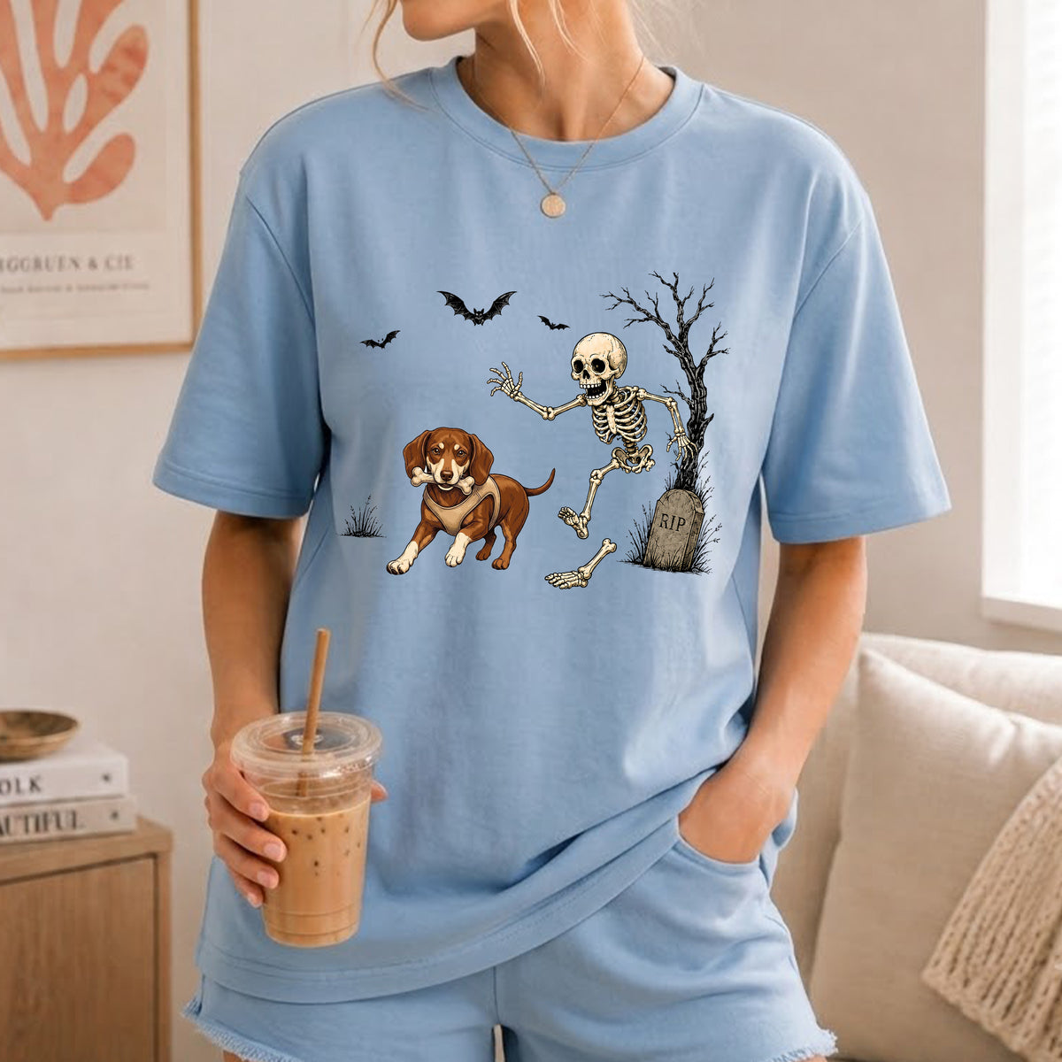 Personalized Halloween Dog Comfort Tee, Custom Any Dog Breed Shirt, Funny Skeleton Dog Tee, Spooky Dog Lover Gift for Men Women, Pet Owner Shirt