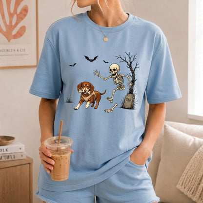 Personalized Halloween Dog Comfort Tee, Custom Any Dog Breed Shirt, Funny Skeleton Dog Tee, Spooky Dog Lover Gift for Men Women, Pet Owner Shirt