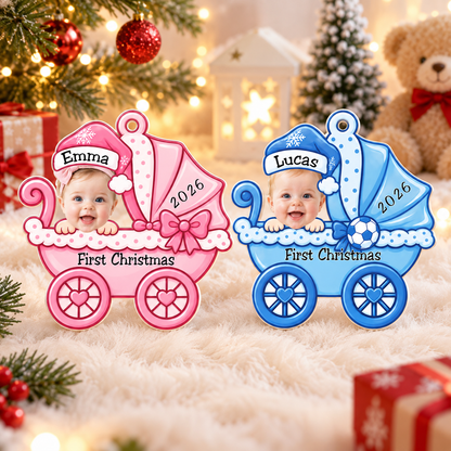 Personalized Baby's First Christmas Ornament, Custom Baby Boy & Girl Photo Ornament, Pink Blue Baby Carriage Christmas Keepsake