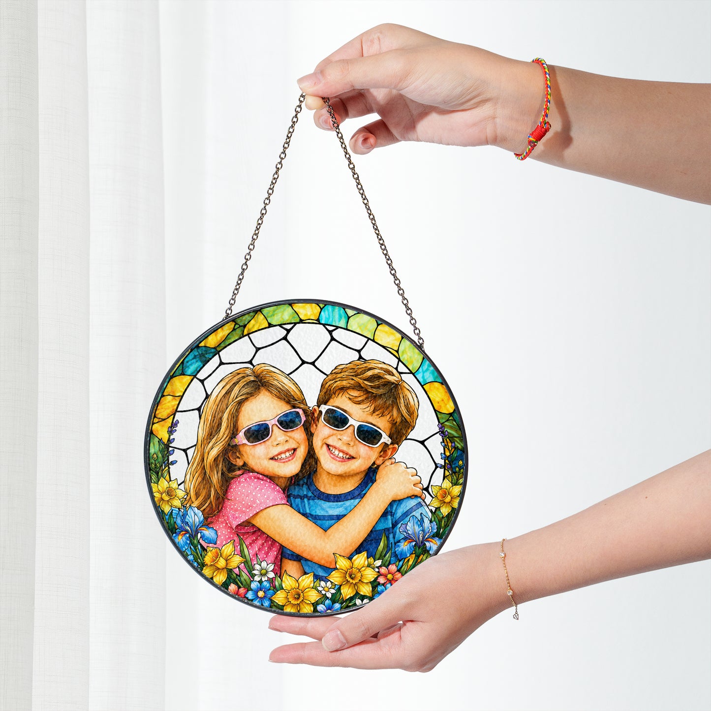 Custom family portrait stained glass suncatcher personalized photo hanging art decor for sunny windows