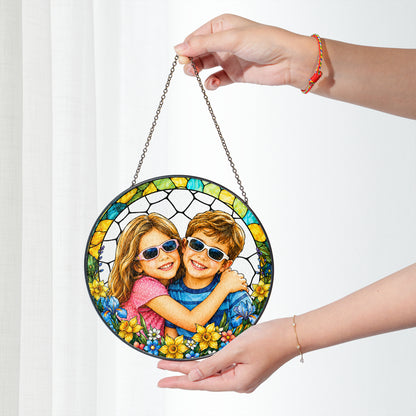 Custom family portrait stained glass suncatcher personalized photo hanging art decor for sunny windows