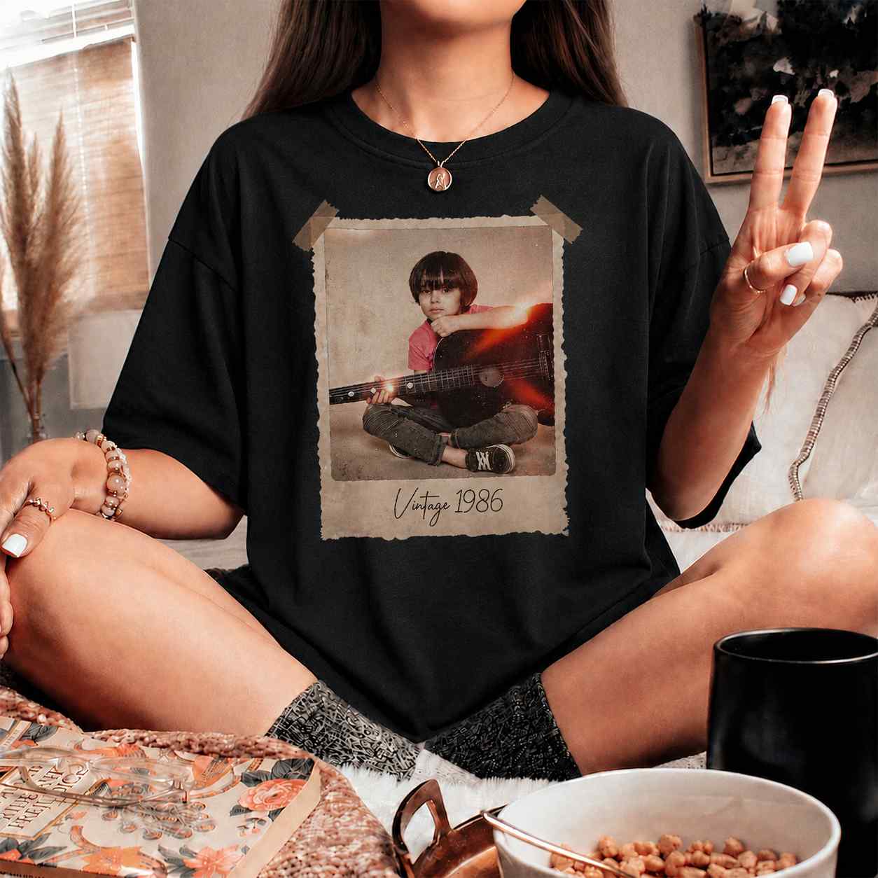 Customized vintage photo memory comfort tee with your personalized text and classic polaroid design