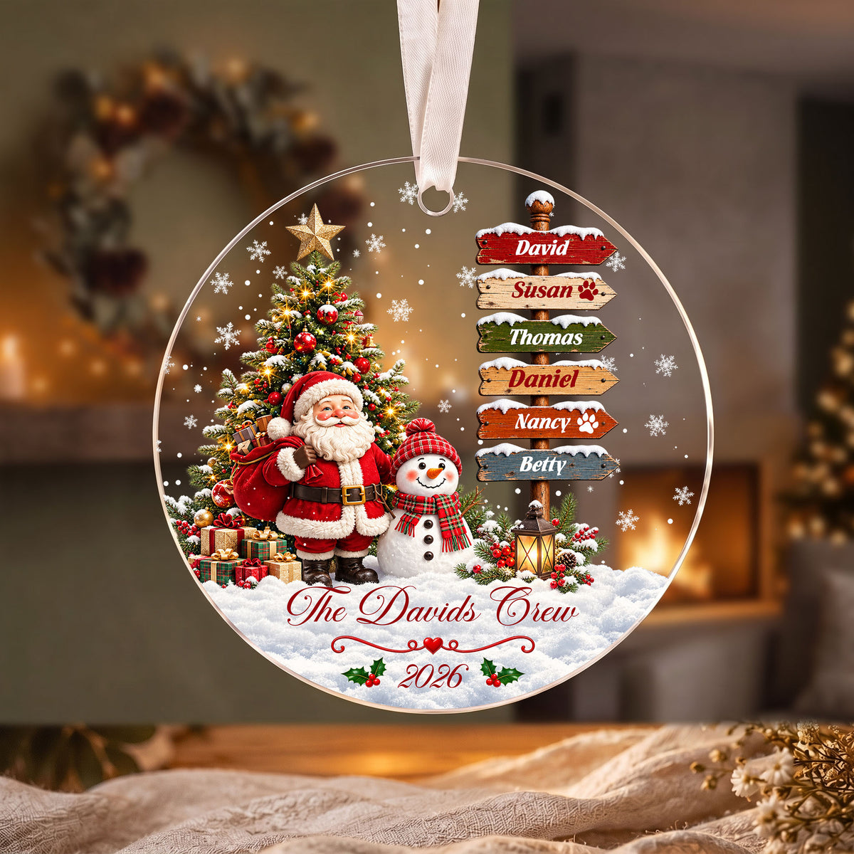 Personalized Family Christmas Ornament 2026 – Custom Names Santa & Snowman Christmas Tree Decoration, Family Keepsake Gift