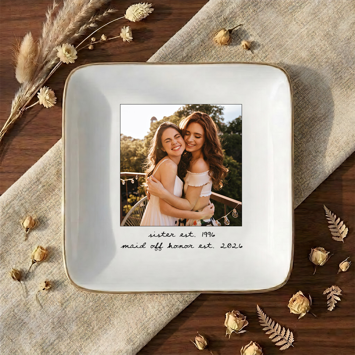 Custom Besties Photo Jewelry Dish, Maid of Honor Trinket Tray, Sister Keepsake, Bridal Gift