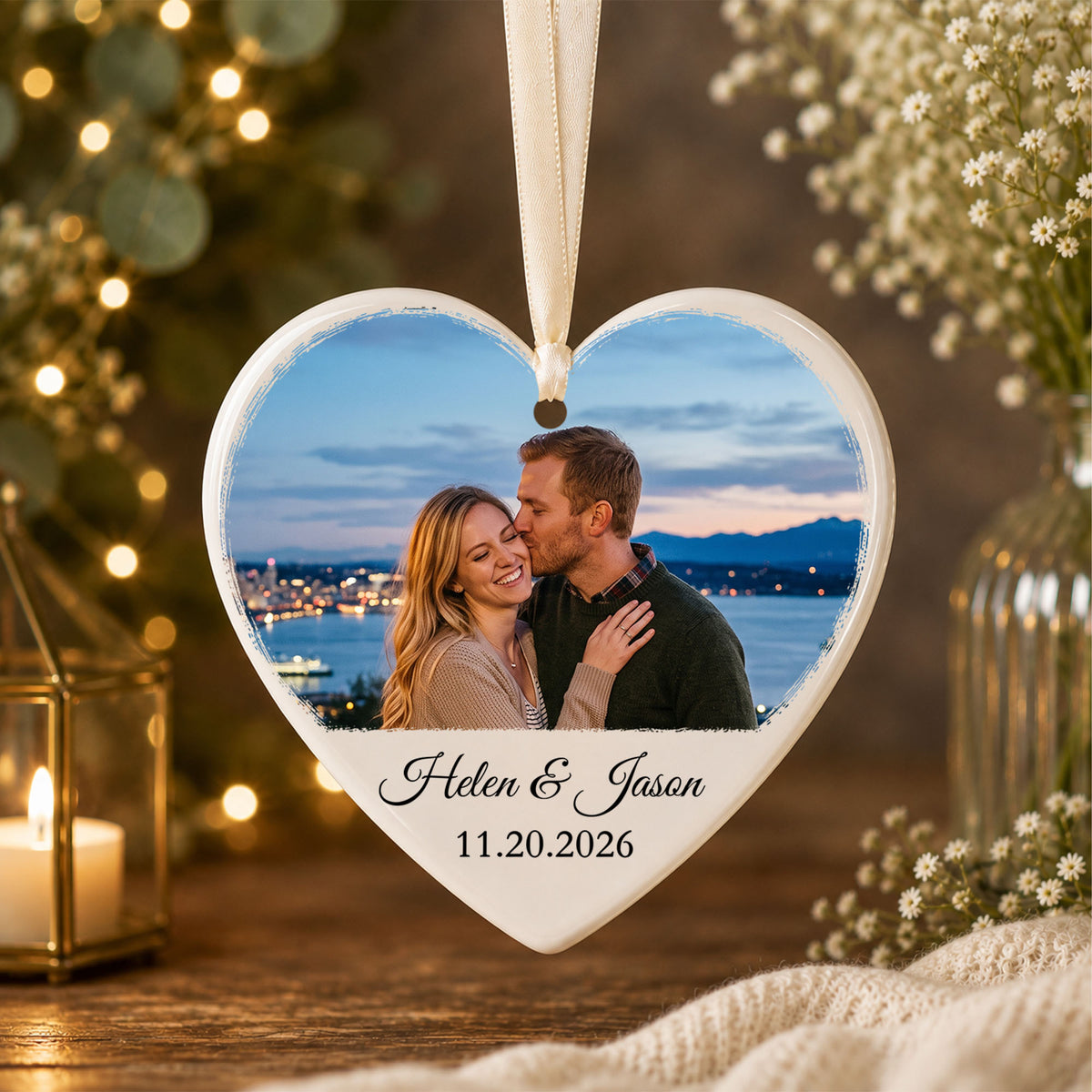 Personalized Couple Photo Ornament, Custom 2-Sided Printed Glass Ornament