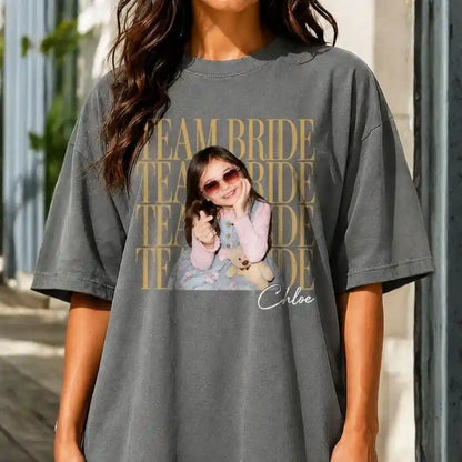 Custom Team Bride Comfort Tee with Personalized Childhood Photo, Bachelorette Party Shirt, Bride Squad Gift, Funny Bridesmaid Keepsake