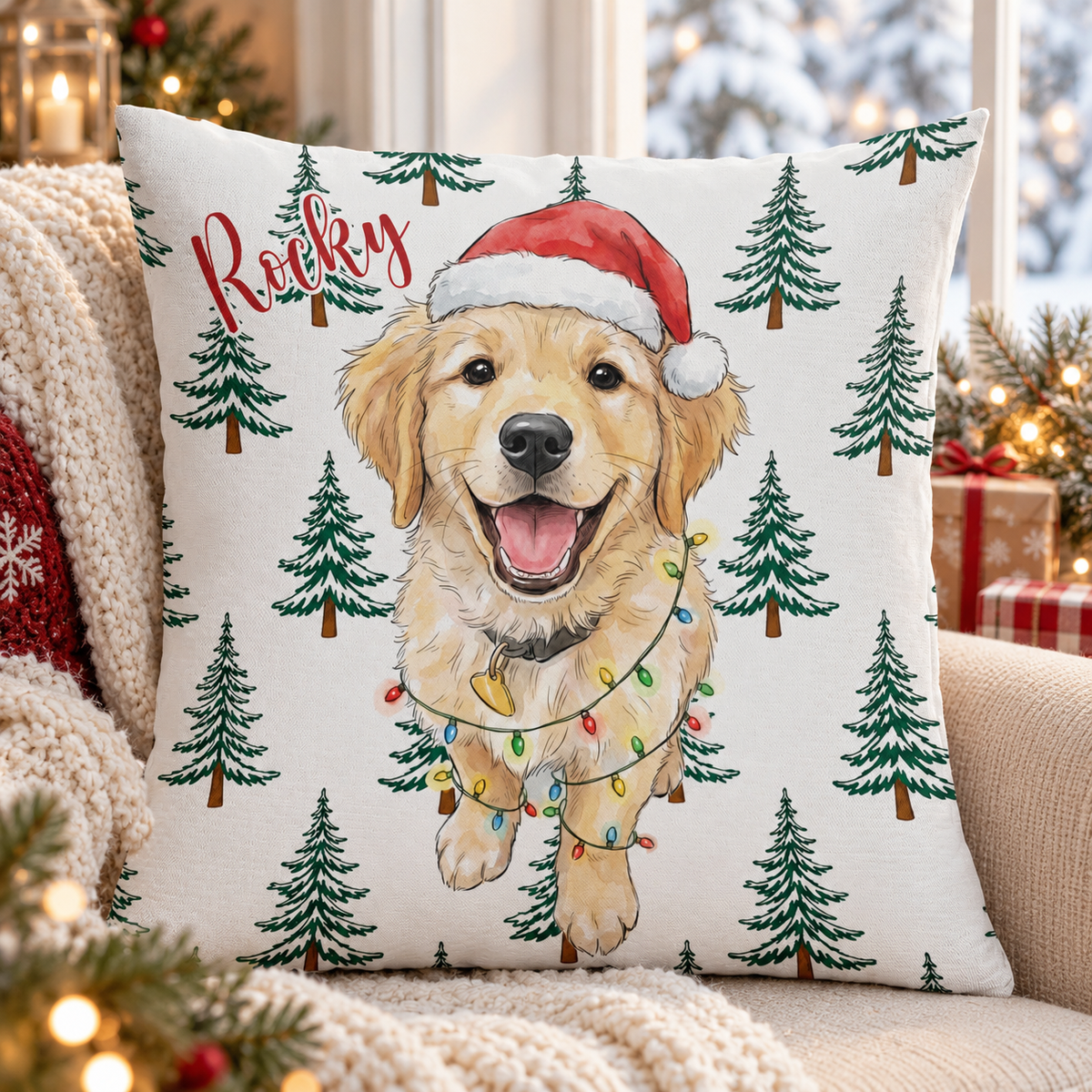 Personalized Christmas Pet Pillow, Custom Dog Cat Photo Watercolor Art, Cute Pet Lover Gift, Xmas Winter Home Decor